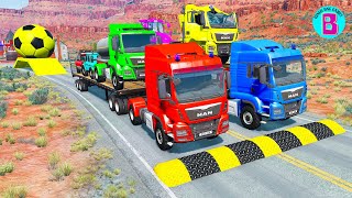 Double Flatbed Trailer Truck vs Speedbumps Train vs Cars  Tractor vs Train BeamngDrive 029 [upl. by Ecniuq]