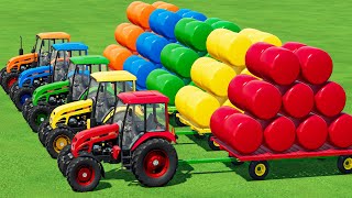 TRANSPORTING PRONAR TRACTORS amp COLORED BALEs with FLATBED TRAILER amp FAST WRAPPER FS22 [upl. by Melessa639]