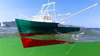 Cardboard ship Andrea Gail works with fishing nets RC model of a ship at sea [upl. by Sukramed]