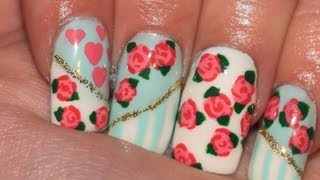 Vintage Floral Design  HandPainted Roses Nail Tutorial [upl. by Aieka901]