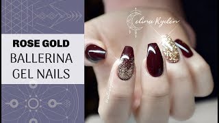 TUTORIAL  EASY RED AND ROSE GOLD GLITTER  BALLERINACOFFIN GEL NAILS [upl. by Odlanyer]