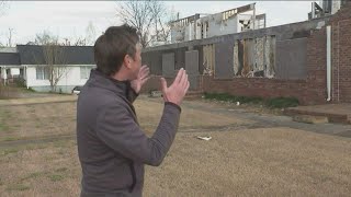 Newnan tornado 1 year later  Chris Holcomb visits damage that remains [upl. by Aryc709]