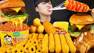 ASMR MUKBANG 직접 만든 치즈 햄버거 치즈스틱 불닭볶음면 핫도그 먹방 amp 레시피 FIRE NOODLES AND BURGER EATING SOUND [upl. by Achilles151]