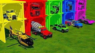 TRANSPORTING POLICE CARS MIXER HELICOPTER and FIRE ENGINE with BIG TRUCKS Farming Simulator 22 [upl. by Aelaza]