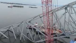 Salvage teams prepare to remove section of bridge from atop Dali [upl. by Edyak]