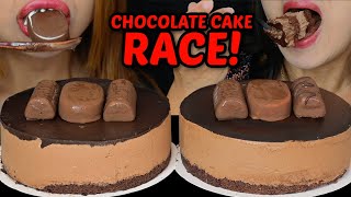 ASMR BIG CHOCOLATE CAKE RACE EATING COMPETITION FULL FACE REVEAL WINNER GETS FRIED CHICKEN FEAST [upl. by Danit]