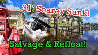 31 Searay Boat Sinking at the Dock Salvage Refloat amp Finding the Problem amp Temporary Patching [upl. by Cogswell]