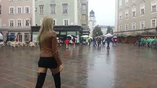 Granate Walking sightseeing in Salzburg tourism hotspot Mozarts birthplace thigh high boots [upl. by Darmit]