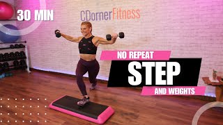 30Minute Step amp Strength NoRepeat Stepper Workout with Weights [upl. by Ahsam416]