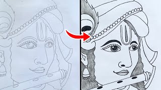 Krishna with Bansuri Drawing transformation Easy  Tutorial  step by step  God Krishna Drawing [upl. by Ordnajela]