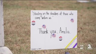 Amelia Bloomers Council Bluffs grave decorated for election day [upl. by Zetnom]