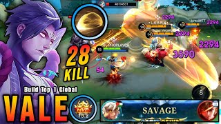 SAVAGE  28 Kills New Vale One Hit Build and Emblem  Build Top 1 Global Vale  MLBB [upl. by Tad]