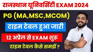 RAJASTHAN UNIVERSITY PG EXAM 2024 TIME TABLE MA MSC MCOM PREVIOUS amp FINAL YEAR TIME TABLE  RU EXAM [upl. by Eeuqram]