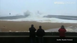 Welle in Portugal Schaulustige flüchten vor Wassermassen  DER SPIEGEL [upl. by Lareneg]