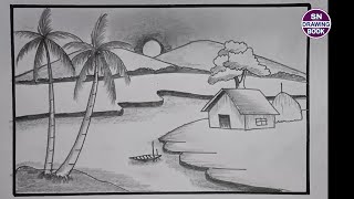 Beautiful sunset with coconut tree scenery drawing with pencil for kids  sunset scenery for kids [upl. by Aleksandr]