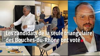 Législatives  les candidats de la seule triangulaire des BouchesduRhône ont voté [upl. by Arahset]