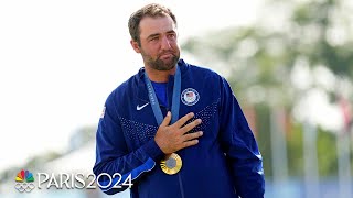 Scottie Scheffler tears up during medal ceremony national anthem after taking gold  Paris Olympics [upl. by Archibold]