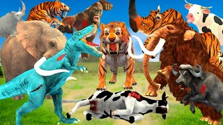 Giant Tiger Attacks 🐅 Cow Cartoon Elephant Kong vs TRex Fight Woolly Mammoth vs Woolly Rhino Tiger [upl. by Retsel]