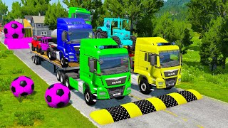 Double Flatbed Trailer Truck vs Speedbumps Train vs Cars BeamngDrive 7 [upl. by Kneeland287]