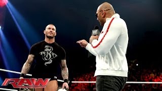 Batista returns and declares hes after Randy Ortons WWE World Heavyweight Title Raw Jan 20 201 [upl. by Dnomde]