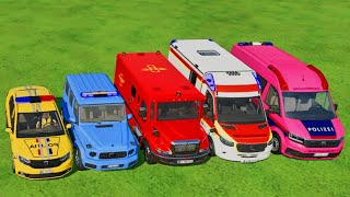 TRANSPORTING CARS AMBULANCE POLICE CARS FIRE TRUCK MONSTER TRUCK OF COLORS WITH TRUCKS  FS 22 [upl. by Gianni]