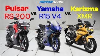 Hero Karizma XMR vs Yamaha R15 V4 vs Bajaj Pulsar RS 200  Best Faired Bike For ₹2 Lakh  MotorBeam [upl. by Alludba688]