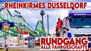 Rheinkirmes Düsseldorf 2023  ALLE Fahrgeschäfte im Rundgang  Aufbau der größten Kirmes am Rhein [upl. by Kitchen]