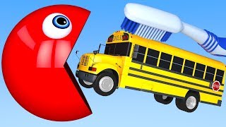 Learn Colors with PACMAN and School Bus Street Vehicle Tooth Brush for Children [upl. by Reinald321]