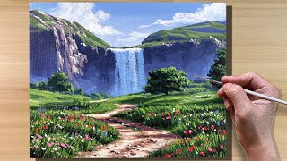 Acrylic Painting Waterfall Meadow Landscape  Timelapse [upl. by Kra64]