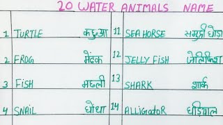 20 Water Animals Name  English amp Hindi Water Animals Name  Writing Learning Name of water animals [upl. by Ainoyek]