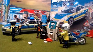 Unboxing Auspacken des Playmobil Polizeiporsches 70067 und des Polizeimotorrads 70572 mit Diebin [upl. by Bennie]