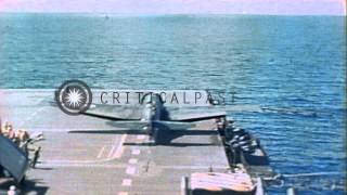 US Navy F6F Hellcat gets a waveoff and make several landings aboard USS ShangriHD Stock Footage [upl. by Beitch]