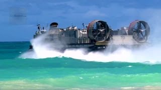 US Navy LCAC Hovercraft Land on Beach Unload Equipment Return to Aircraft Carrier [upl. by Leur19]