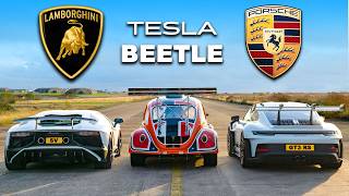 911 GT3 RS v Lambo V12 vs Tesla Beetle DRAG RACE [upl. by Dorina215]