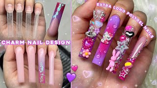 PURPLE amp PINK POLYGEL FREESTYLE✨ CHARM NAIL DESIGN amp EXTRA LONG POLYGEL NAILS  Nail Tutorial [upl. by Mace587]