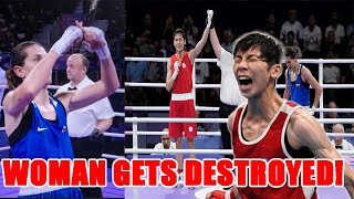 Male Boxer DESTROYS Female opponent again at Olympics Female opponent PROTEST inside the ring [upl. by Heimer]