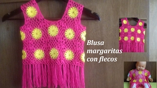 blusa crochet margaritas con flecos para niñas parte 1 [upl. by Ahseinaj627]