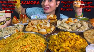 Eating Spiciest🔥 Macaroni Momo Golgappe Malai Chaap Veg Roll Noodles Aloo Paratha Burger [upl. by Zakaria]