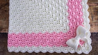 🥰 Crochet Shell Stitch Baby Blanket in the Round 🎀 PRETTY Giant Granny Square Pattern [upl. by Philly]