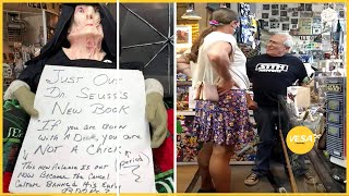 Transgender woman confronts Star Wars store owner over his offensive sign [upl. by Gittle]