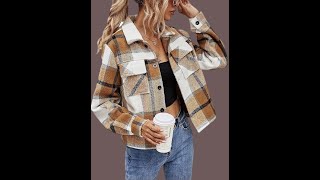 Yeokou Womens Fashion Cropped Flannel Wool Blend Plaid Shacket Long Sleeve Button Down Jackets Coat [upl. by Sardella]