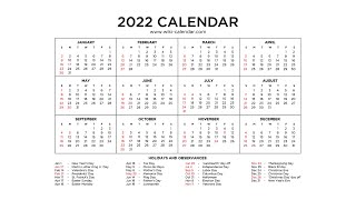 Year 2022 Calendar Printable with Holidays  Wiki Calendar [upl. by Bonne]