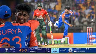 IND vs BAN Mayank Yadav clocks 1499 kph bowls maiden over on T20I debut [upl. by Ecirtahs148]