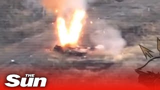 Russian tank is destroyed by Ukrainian bomb dropped through open hatch [upl. by Wetzell]