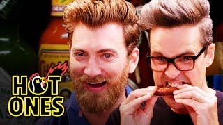 Rhett amp Link Hiccup Uncontrollably While Eating Spicy Wings  Hot Ones [upl. by Ahsenek898]