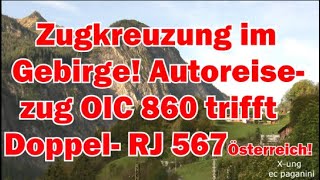 Zugkreuzung im Gebirge Autoreisezug OIC 860 trifft den Doppel RJ 567 mit ÖBB Jubiläumsgarnitur [upl. by Aisanahta433]