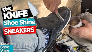 😴😴 How to Get the Perfect Shoe Shine 🔪🔪🔪 KNIFE Shoe Shine Suede Technique [upl. by Aubin]