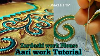 Zardoshi work blouse design tutorial  Aari work  Hand Embroidery [upl. by Yoko940]