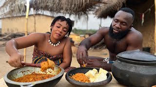 How to COOK African YAM with GARDEN EGGS \ EGG PLANT stew in the VILLAGE  African Village Life [upl. by Garold570]