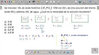 química Se mezclan 10 L de ácido fosfórico 12 M con 20 L de otra solución del mismo ácido 9 N y 20 [upl. by Shana153]